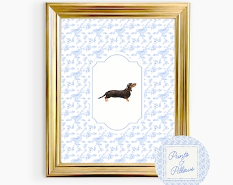 Lámina artística de perro salchicha, acuarela azul y blanca, decoración estilo cabaña, estilo milenario, arte de pared para habitación de perro, regalo para mamá perruna