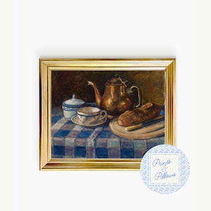 Rustic Vintage Kitchen Art, Bread Art, Tea Cup Art, Cottage Core Print, Farmhouse Wall Decor
