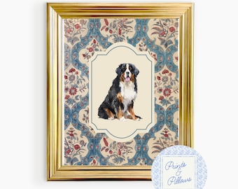 Bernese Mountain Dog Vintage Print, Puppy Nursery Art, Grand Millennial Art, Vintage Floral, Bernese dog Gifts, Dog Nursery Decor