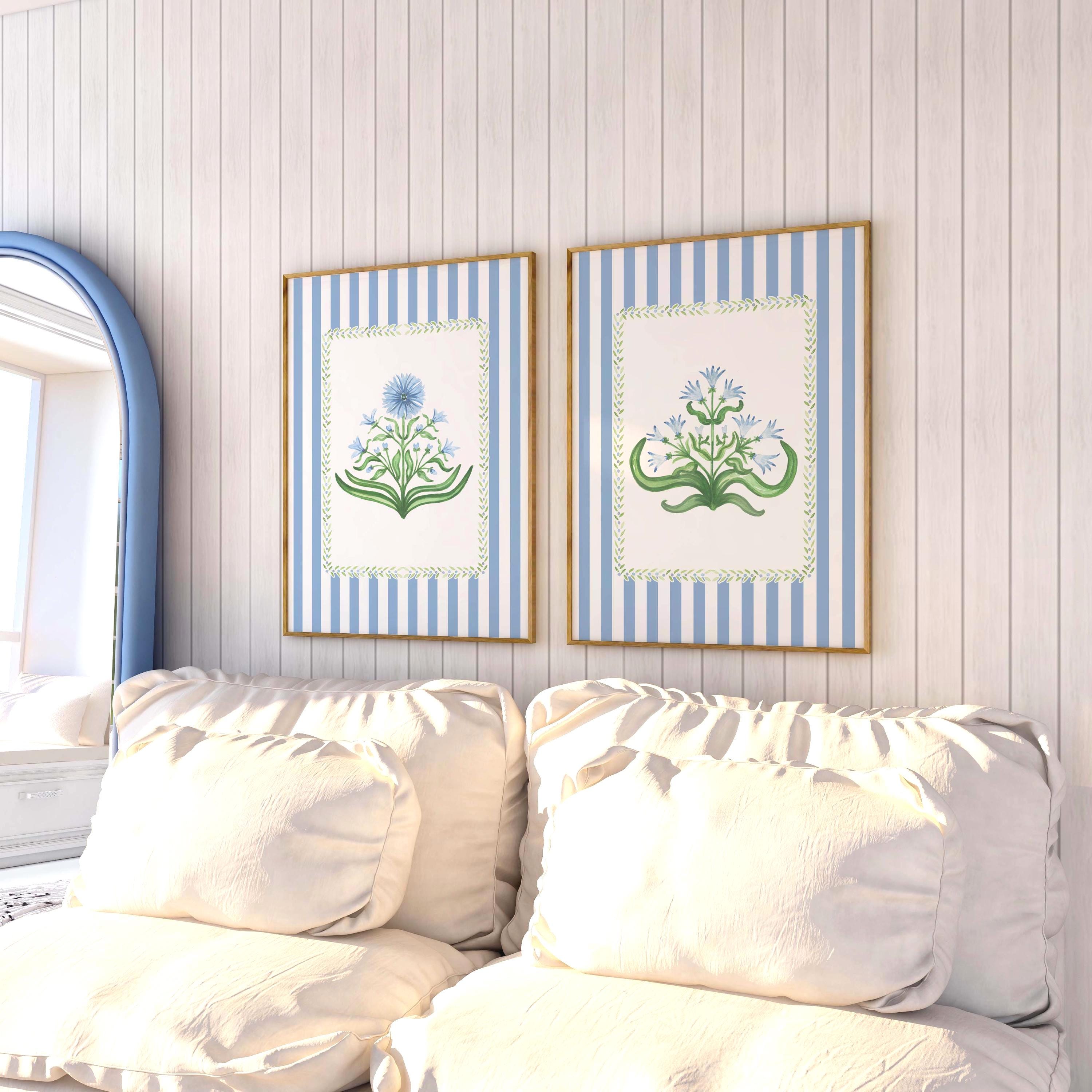 Chinoiserie Floral Wall Art Set, Blue and Green Botanical Prints, Classic Stripe Wall Decor, Preppy Grandmillennial Art, Coastal Cottage