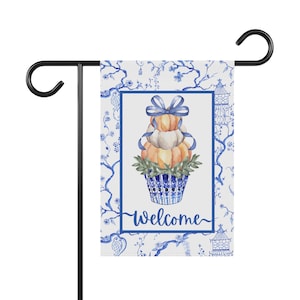 Chinoiserie Garden Flag, Blue and White Fall Decor, Pumpkin Garden Flag, Halloween Garden Decor, Pumpkin Topiary, Thanksgiving Garden Flag