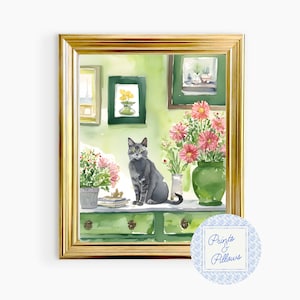 Grey Cat Art Print, Cat Prints Gift, Gift For Cat Lover, Cat Art Gift, Chinoiserie Art, Grand Millennial Art, Kitty Art