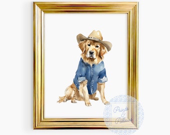 Golden Retriever Art Print, Cowboy Dog, Western Art Print, Dog Mom Gift, Golden Retriever Lover Art, Dog Portrait, Retriever Nursery