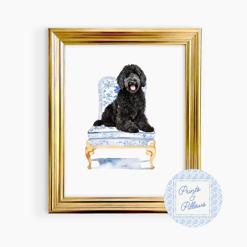 May include: A black dog sits on a blue and white patterned chair with gold accents. The chair has a floral design and the dog is looking at the camera. The image is framed in gold and has a watermark that says "Prints & Pillows".
