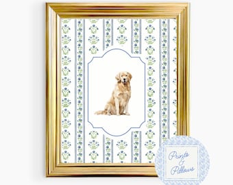Grand millennial Floral Golden Retriever Nursery Print - Vintage-Inspired Dog Wall Art for Baby Room, Block Print Art, Dog Nursery Decor