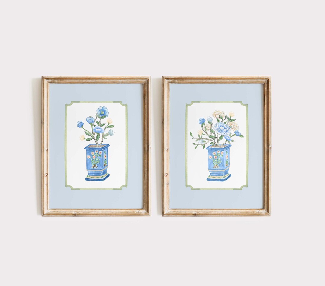 Blue Floral Chinoiserie Art Print Set: Ginger Jar Botanical Wall Decor ...
