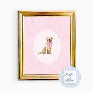 Golden Retriever Art Print, Pink Nursery Decor, Preppy Wall Decor, Dog Mom Gift, Grand Millennial Nursery, Dog Portrait, Retriever Nursery