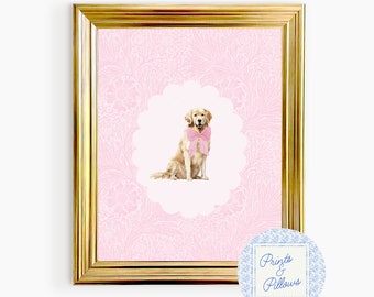 Golden Retriever Art Print, Pink Nursery Decor, Preppy Wall Decor, Dog Mom Gift, Grand Millennial Nursery, Dog Portrait, Retriever Nursery