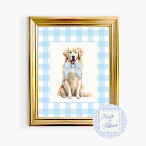Golden Retriever Art Print, Blue Nursery Decor, Preppy Wall Decor, Dog Mom Gift, Gingham Nursery, Dog Portrait, Retriever Nursery