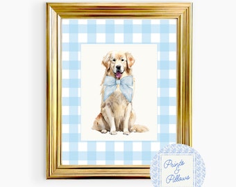 Golden Retriever Art Print, Blue Nursery Decor, Preppy Wall Decor, Dog Mom Gift, Gingham Nursery, Dog Portrait, Retriever Nursery