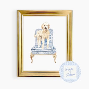 Golden Doodle Kunstdruck, Chinoiserie Hund, Preppy Dog Druck, Hundemama Geschenk, Doodle Nursery Print, Hunde Portrait
