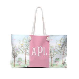 Chinoiserie Monogram Weekender Bag, Personalized Travel Tote, Pink Duffel Bag, Grandmillennial Beach Bag, Bridesmaid Gift, Mahjong Bag