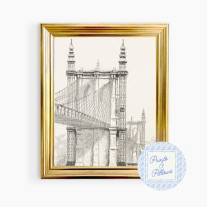 Sztuka Vintage Brooklyn Bridge, Szkicowy wydruk, Dekoracja ścienna Nowego Jorku, Sztuka miejska, Prezent dla miłośnika Nowego Jorku
