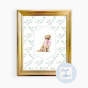 Golden Retriever Art Print, Preppy Dog Print, Preppy Wall Decor, Dog Mom Gift, Grand Millennial Nursery, Dog Portrait, Retriever Nursery