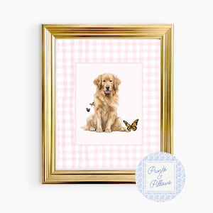 Golden Retriever Art Print, Pink Nursery Decor, Preppy Wall Decor, Dog Mom Gift, Grand Millennial Nursery, Dog Portrait, Retriever Nursery