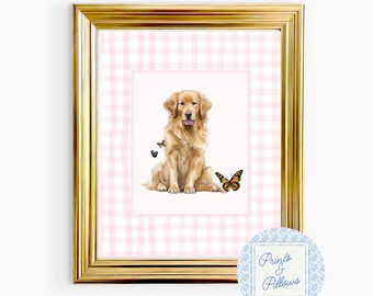 Golden Retriever Art Print, Pink Nursery Decor, Preppy Wall Decor, Dog Mom Gift, Grand Millennial Nursery, Dog Portrait, Retriever Nursery