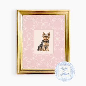 Lámina artística de Yorkshire Terrier, decoración rosa para habitación infantil, decoración de pared preppy, regalo para mamá perruna, habitación infantil Grand Millennial, retrato de perro, habitación infantil de Yorkshire Terrier