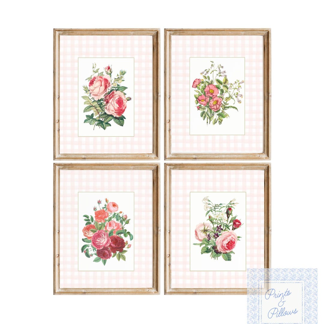 Vintage Rose Bouquet Print Set: Pink Gingham Nursery Decor - Etsy