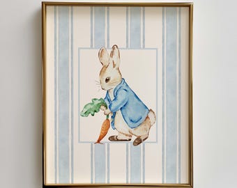 Peter Rabbit Nursery Art Printable, Blue Striped Wall Art, Baby Boy Room Decor, Watercolor Bunny with Carrot, Instant Download