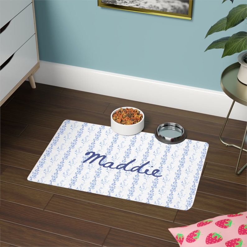 Chinoiserie Dog Pet Mat, Blue and White Dog Bowl Mat, Custom Dog Gift