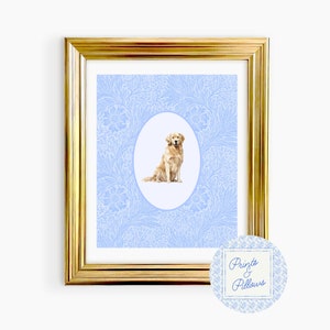 Golden Retriever Art Print, Blue Nursery Art, Preppy Wall Decor, Dog Mom Gift, Grand millennial Nursery, Dog Portrait, Retriever Nursery