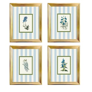 Set of 4 Vintage Striped Floral Print, Nancy Meyers Inspire, Grand Millennial Art, Coastal Cottage Decor, Blue and Green Art for Nursery