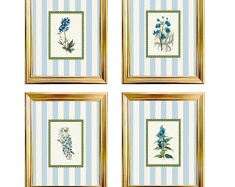 Set of 4 Vintage Striped Floral Print, Nancy Meyers Inspire, Grand Millennial Art, Coastal Cottage Decor, Blue and Green Art for Nursery