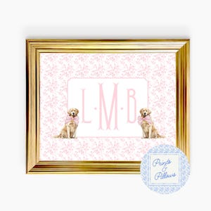 Bow Monogram Nursery Art, Pink Toile Art, Golden Retriever Nursery, Grand Millennial, Vintage Nursery Decor, Girl Nursery Print, Dog Nursery