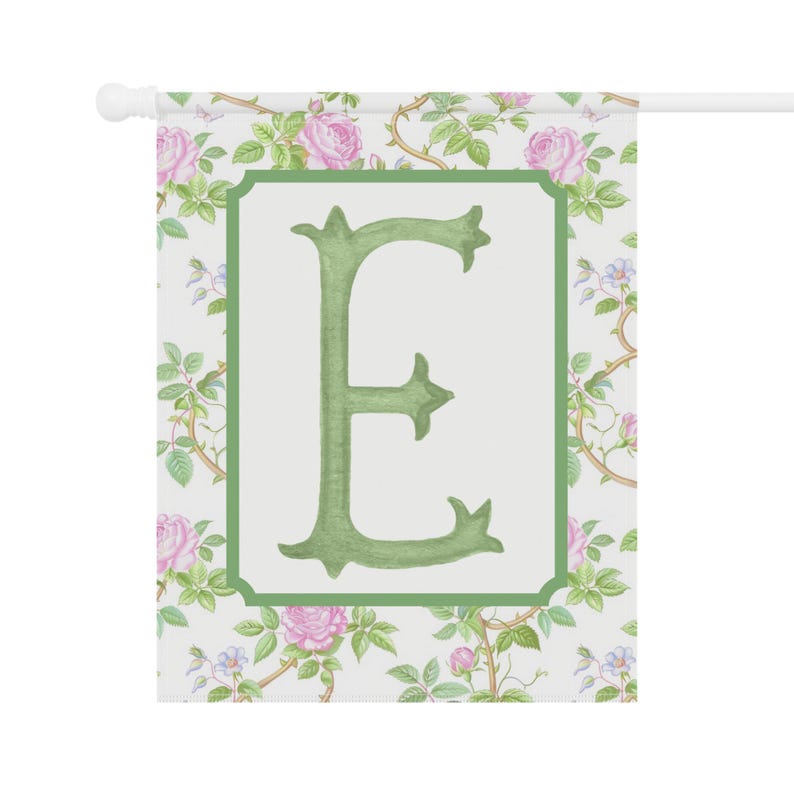Personalized Monogram Garden Flag , Custom Pink & Green Floral Yard Flag Scalloped Edges , Grandmillennial Outdoor Decor, Preppy Yard Flag