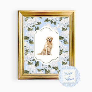 Golden Retriever Art Print, Hydrangea Art, Preppy Wall Decor, Dog Mom Gift, Grand Millennial Nursery, Dog Portrait, Retriever Nursery