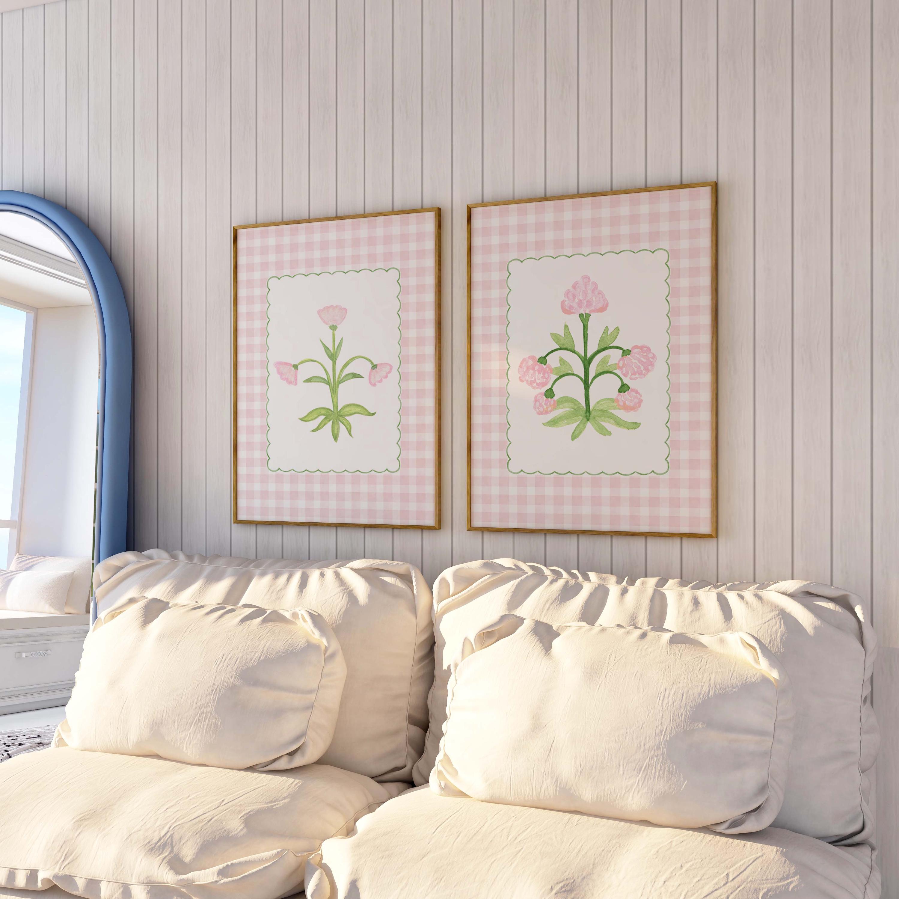 Pink Gingham Floral Print Set: Coquette Nursery Wall Art - Etsy