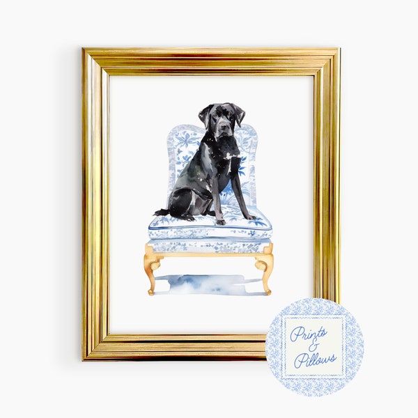 Black Lab Art Print, Chinoiserie Dog, Preppy Dog Prints, Dog Mom Gift, Labrador Retriever Lover Art, Dog Portrait, Black Labrador Gifts