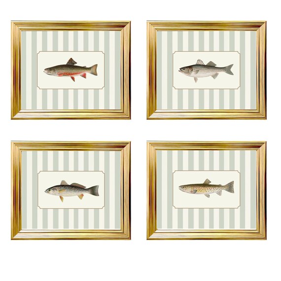 Set of 4 Vintage Fish Prints, Southern Classic Art, Trout Vintage Art, Boy Nursery Art, Vintage Hunting Prints, Low Country Art, Coastal Art