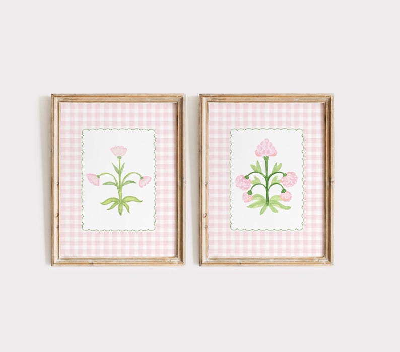 Pink Gingham Floral Print Set: Coquette Nursery Wall Art - Etsy