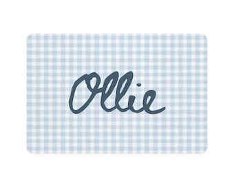 Blue Gingham Dog Pet Mat, Blue and White Bowl Mat, Custom Dog Gift, Personalized Dog Bowl Pad, Grand Millennial Decor