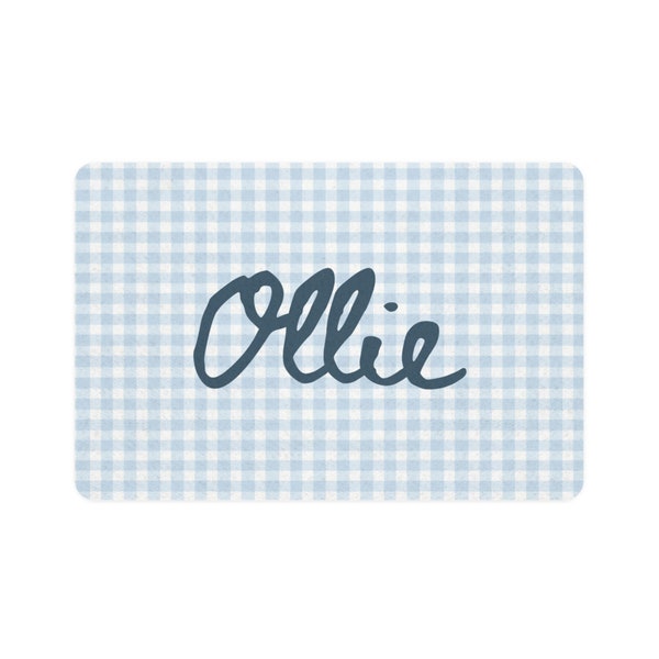 Blue Gingham Dog Pet Mat, Blue and White Bowl Mat, Custom Dog Gift, Personalized Dog Bowl Pad, Grand Millennial Decor