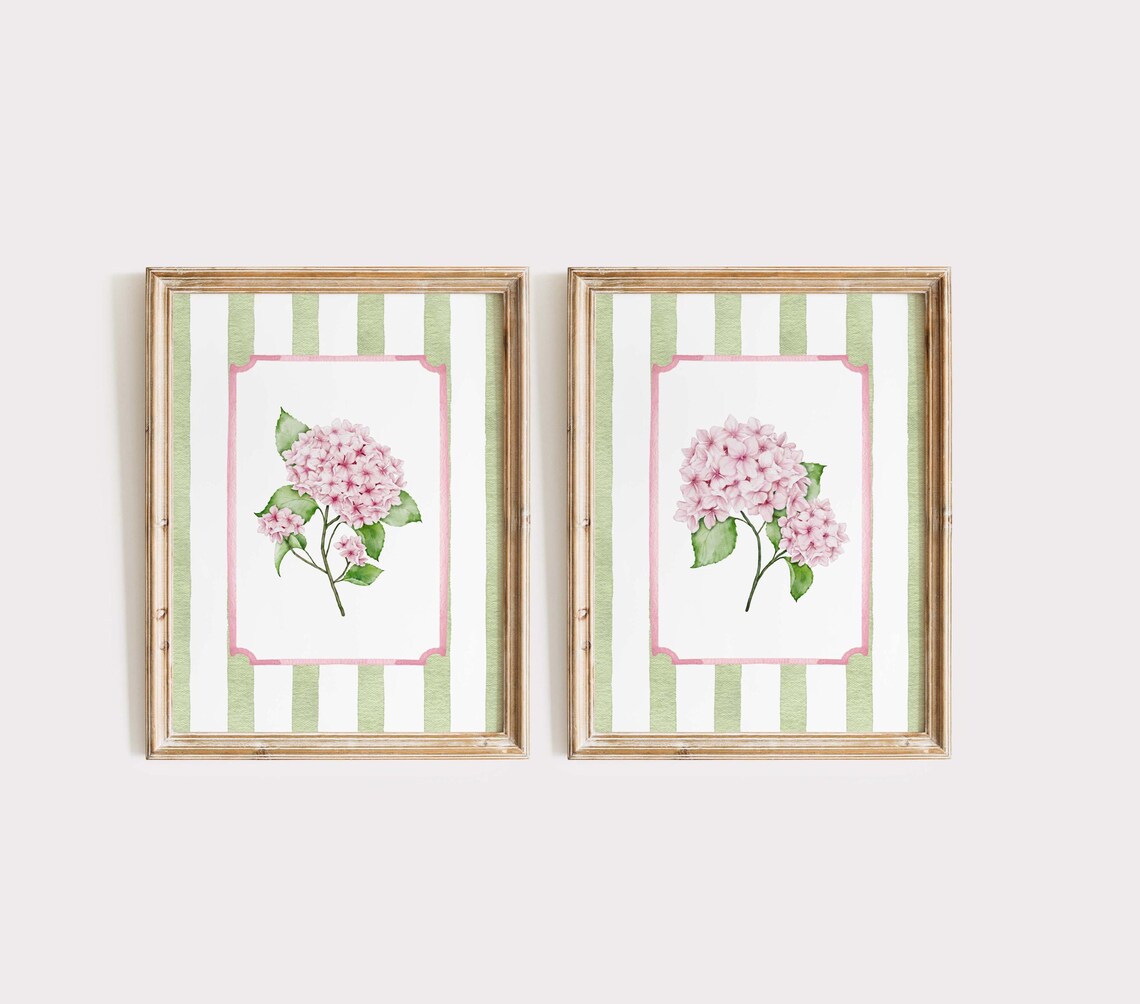 Set of 2 Pink Hydrangea Wall Art Prints, Grandmillennial Floral Decor ...