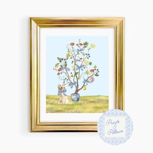 Golden Retriever Art Print, Chinoiserie Nursery, Preppy Wall Decor, Dog Mom Gift, Grandmillennial  Nursery, Dog Portrait, Retriever Nursery