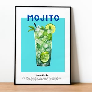 Arte de cóctel Mojito, impresión Mojito, arte de pared Mojito, decoración Mojito, cartel de Mojito, impresión de cóctel retro, arte del carrito de bar, cartel de cóctel