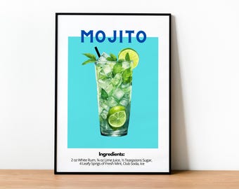 Arte cocktail Mojito, Stampa Mojito, Arte da parete Mojito, Arredamento Mojito, Poster Mojito, Stampa cocktail retrò, Arte carrello bar, Poster cocktail