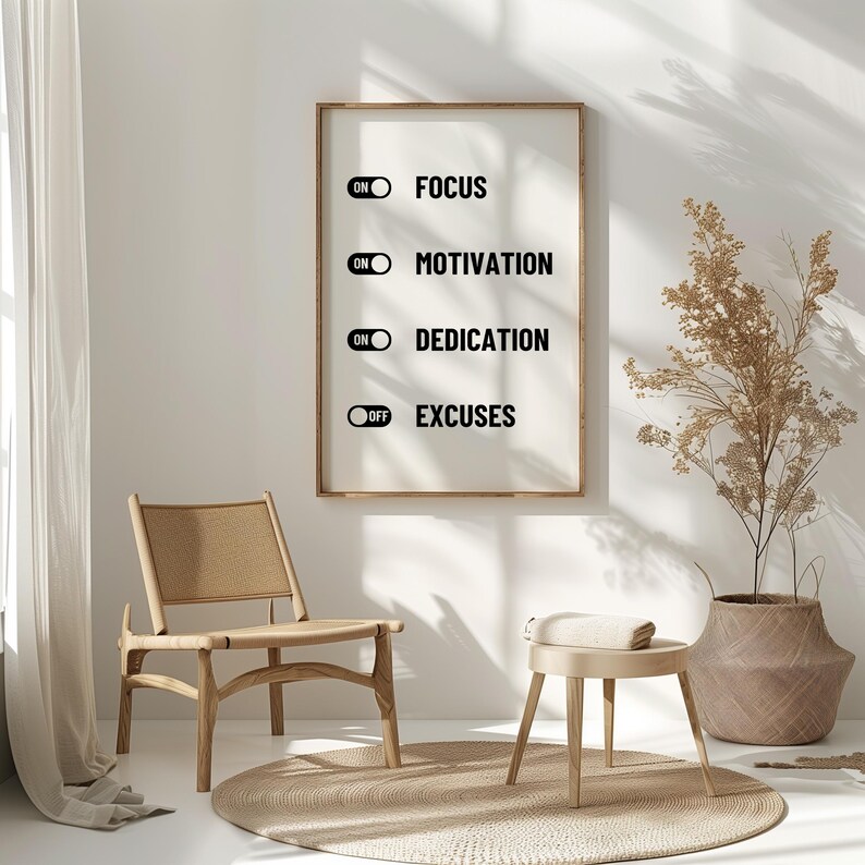 May include: A motivational poster with a white background and black text. The poster features a list of four items: Focus, Motivation, Dedication, and Excuses. Each item has a toggle switch next to it, with the first three switches set to "ON" and the last switch set to "OFF".