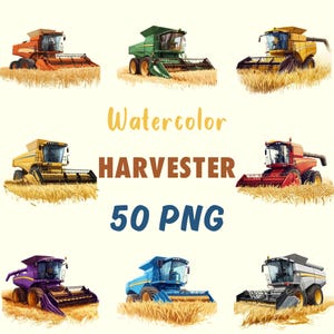 Może przedstawiać: Zestaw dziesięciu akwarelowych ilustracji różnych kolorowych kombajnów zbożowych na polu pszenicy. Tekst "Watercolor HARVESTER 50 PNG" jest wyświetlany pod obrazami.