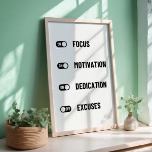 May include: A white framed motivational poster with black text and illustrations of on/off switches. The text reads "Focus", "Motivation", "Dedication", and "Excuses".