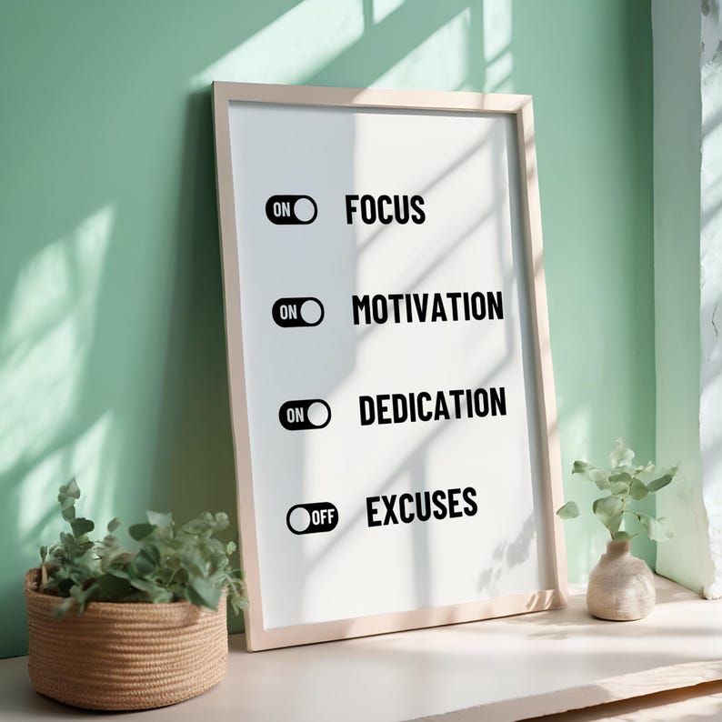 May include: A white framed motivational poster with black text and illustrations of on/off switches. The text reads "Focus", "Motivation", "Dedication", and "Excuses".