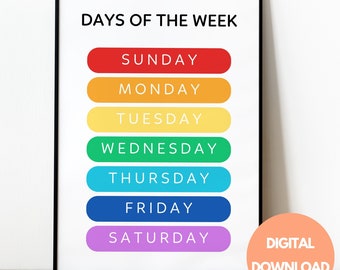 Days of The Week Printable, Montessori Education, Playroom Educational Poster, Rainbow Nursery Print, Homeschool Decor, Classroom Decor