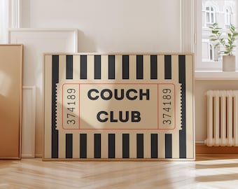 Couch Club Ticket Druck, lustiges Wohnzimmer Dekor, Retro horizontale Poster, gemütliche Sofa Wandkunst schrullig Haus digitaler Download