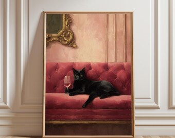 Cat with Wine Poster, Trendy Cat Wall Art, Whimsical Cocktail Art, Quirky Cocktail Poster, Bar Cart Decor, Cat Poster, Cat Lover Wall Decor