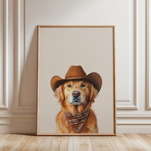 Golden Dog Cowgirl Hat Print, Golden Retriever Aesthetic Print, Western Trendy Wall Art, Western Art, Western Print, Dog Lover Gift Poster
