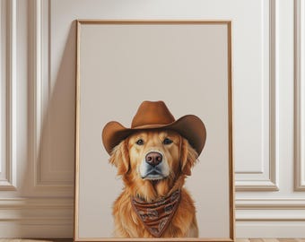 Golden Dog Cowgirl Hat Print, Golden Retriever Aesthetic Print, Western Trendy Wall Art, Western Art, Western Print, Dog Lover Gift Poster
