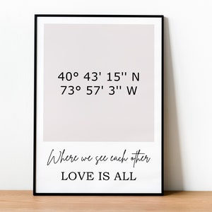 Peut inclure: Une affiche encadrée avec un cadre noir, affichant des coordonnées et le texte "Where we see each other, LOVE IS ALL." Le fond est beige clair et le texte est écrit dans une police manuscrite.